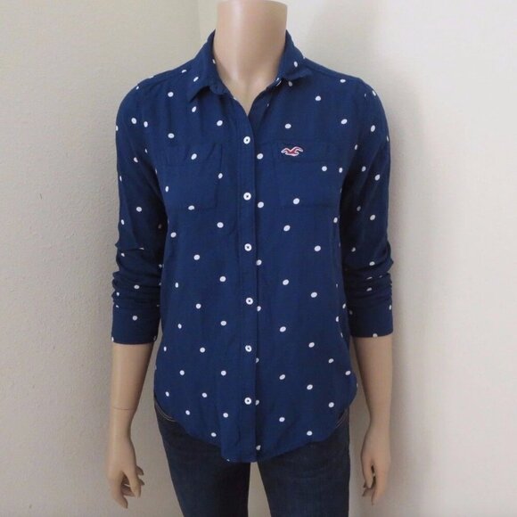 Hollister Polka Dot Button Down Shirt Size XS Blouse Navy Blue - Picture 1 of 4